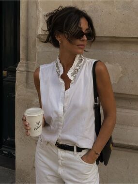 J.Crew Y2K Jeweled Collar Cotton Sleeveless Button Up Blouse White Preppy | 4